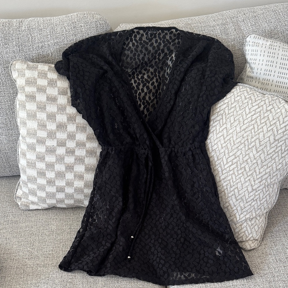 Sheer Black Lace Cover-Up Tunic with Drawstring Waist